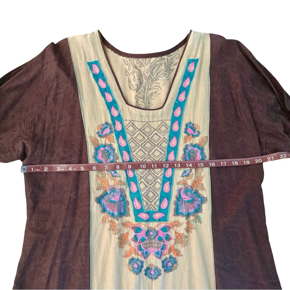 Vintage Brown & Cream Embroidered Kaftan Kurta Maxi Dress with Blue & Pink XL - Picture 6 of 8